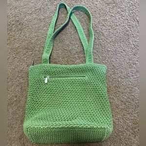 The Sak Green Crochet Tote Bag with Exterior Zip Pocket